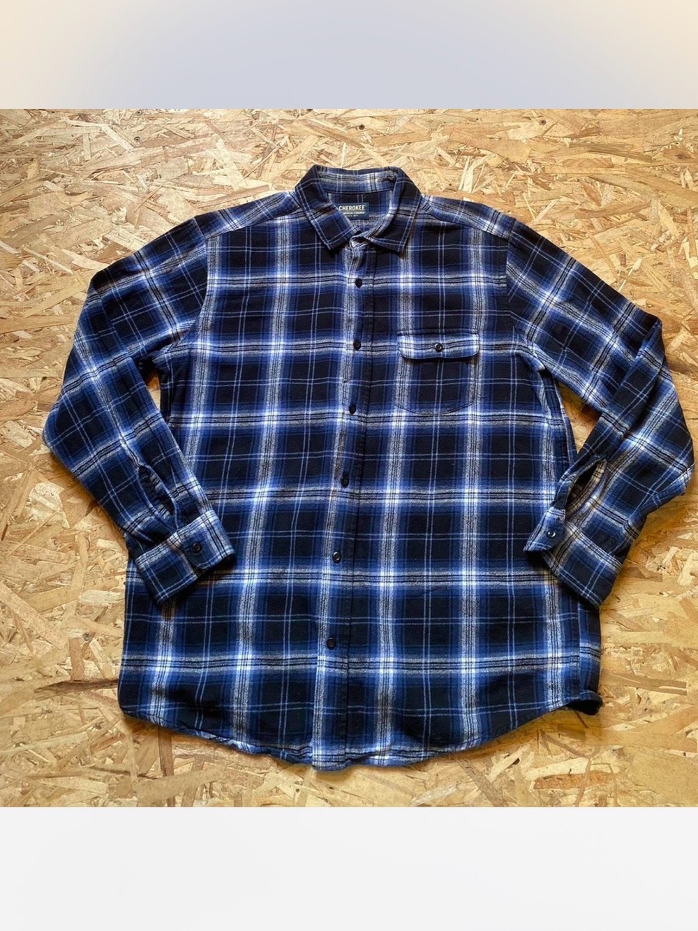 Cherokee Blue and White Plaid Flannel Button-Down Shirt